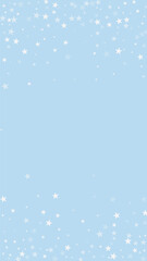 Snowy christmas background. Subtle flying snow flakes and stars on light blue winter backdrop. Delicate sweet snowy christmas. Vertical vector illustration.