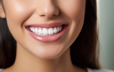 Fototapeta premium Extra close-up of a female mouth, dazzling smile and very white teeth