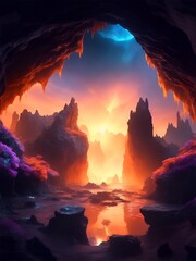 The entrance of the mysterious cave leading to another world, sunset background, portrait made with Generative AI.