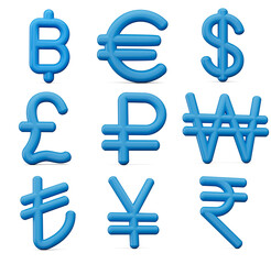 Obraz premium 3d Set Of Nine Blue Currency Symbol Icons Isolated On White Background, 3d Illustration