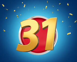 Gold Number 31 Gold Number Thirty One On Rounded Red Icon with Particles, 3d illustration