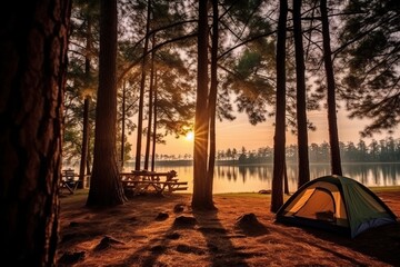 Camping and tent under the pine forest near the lake, outdoor