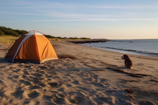 Cute dogs go camping outdoors at the sunrise