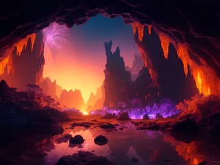 The entrance of the mysterious cave leading to another world, sunset background, landscape made with Generative AI.