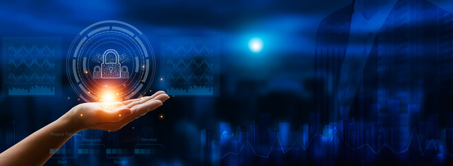 Data protection and cyber security concept with a padlock safeguarding business and personal information on digital devices. Ensuring internet privacy and secure access to confidential data.