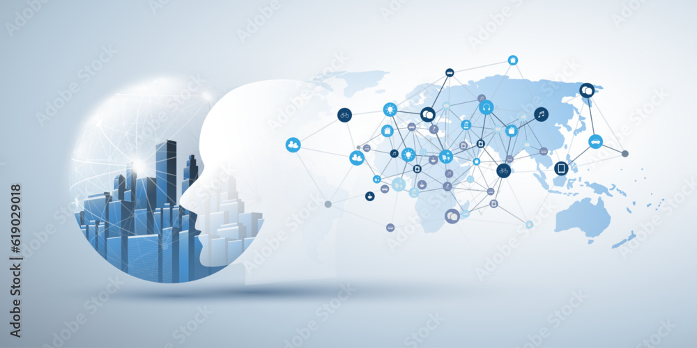 Poster modern style futuristic machine learning, artificial intelligence, cloud computing, smart city and i