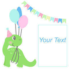 Cute baby dinosaur with baloons and party hat. Birthday invitation. Happy birthday greeting card. Vector illustration. template for cake, stickers. 