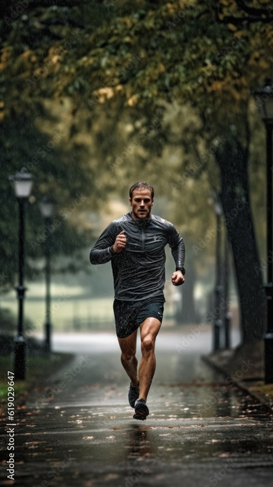 Poster a man running in the rain in a park. generative ai image.