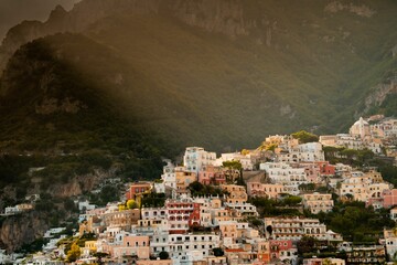 Picturesque city perched atop a mountainous landscape in  Positano, Amalfi Coast, Italy