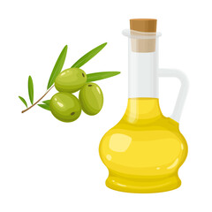 Bottle of olive oil and olives. Vector illustration.