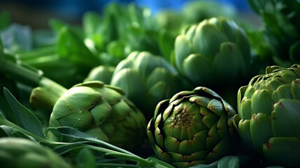 Obraz premium artichoke background collection of healthy food fruit and vegetables, natural background of fresh artichoke representing concept of organic vegetables , healthy eating, fresh ingredient
