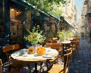 Fototapeta na wymiar An empty Provencal-style outdoor restaurant in summer illustrated watercolor-style. (Illustration, Generative AI)