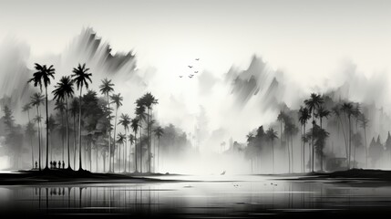 Technology created black and white palm trees with mist. (Illustration, Generative AI)