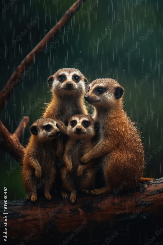 Poster a group of meerkats sitting on a tree branch in the rain. generative ai image.