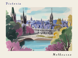 Fototapeta premium Melbourne: Postcard design with a scene in Australia and the city name Melbourne