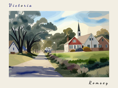 Romsey: Postcard design with a scene in Australia and the city name Romsey