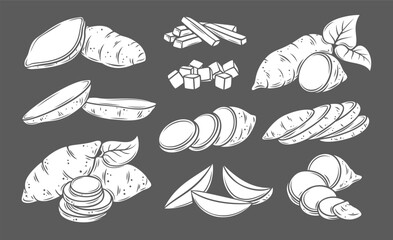 Sweet potato glyph icons set vector illustration. White stamps of whole and sliced potato tubers collection isolated on black, natural fresh yam root cut into slices and wedges, half and cubes