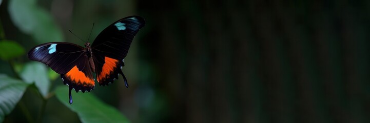 Banner closeup big butterfly with green leaves on background, beautiful insect in the nature habitat, wildlife