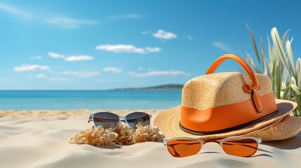 Beautiful beach with glasses and hat on the beach.