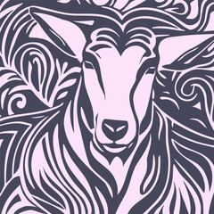 Vector patterned cute graphic monochrome sheep or she goat. Square sticker. Horoscope.