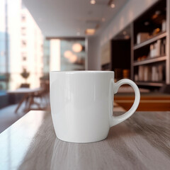 Closeup of white ceramic cup standing on desk, mockup, place for text generative ai