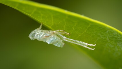 Small beetle of the species Jacobiasca formosana perched on a leaf