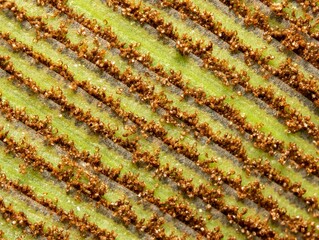 Macro shot of spores on the underside of a fern.