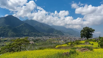 Foto op Plexiglas Himalaya Scenic view of a green landscape with a town on a slope of Himalaya Foothills