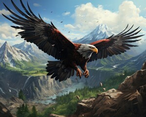 An eagle soars majestically above a range of mountains. (Illustration, Generative AI)