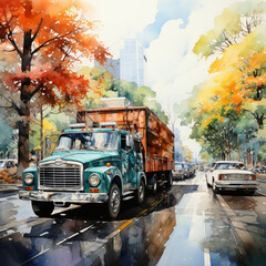 truck on the road in watercolor design