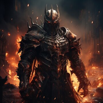 In the fantasy illustration, a black flaming chaos knight is surrounded by fire. (Illustration, Generative AI)