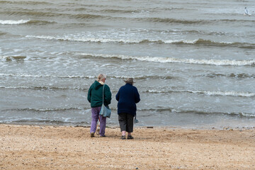 Senior adult woman walking on the beach with dog. Retirement friendship  concept. Active elderly...