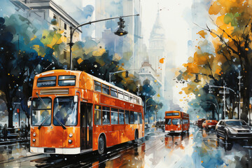 Obraz premium people at bus in the traffic in a city in watercolor design