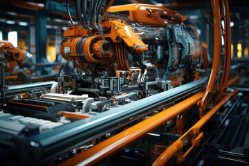 Fototapeta premium Automatic robotic arm assembly line Production of high-tech green energy electric vehicles Automated construction, building, industrial production conveyor belt welding