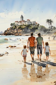  family at the beach in watercolor design