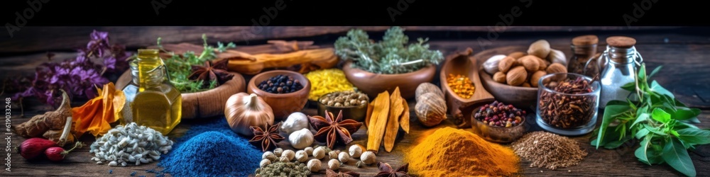 Poster a wooden table topped with different types of spices. generative ai image.