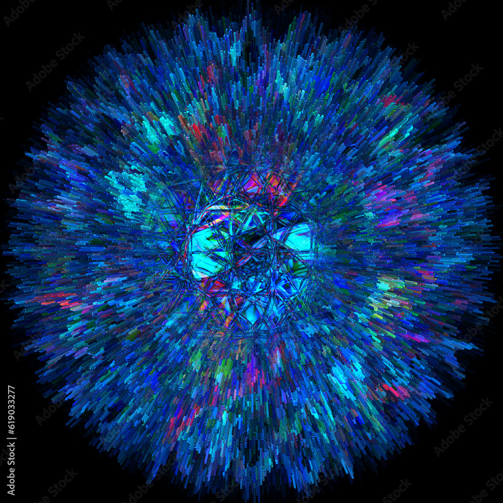 Poster exploding style design in cobalt blue circular pattern on a plain black background