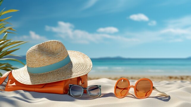 Beautiful beach with glasses and hat on the beach.