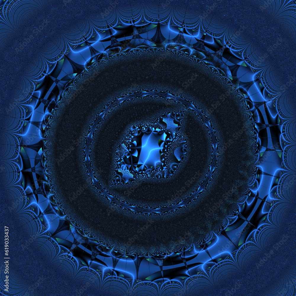 Poster exploding style design in cobalt blue circular pattern on a plain black background