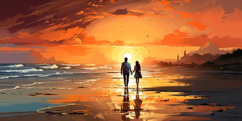Fotobehang Baksteen silhouette of couple walking on beach at sunset in watercolor design