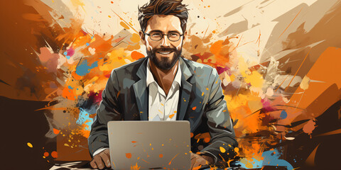 happy businessman connecting with his team online in watercolor design painting - obrazy, fototapety, plakaty