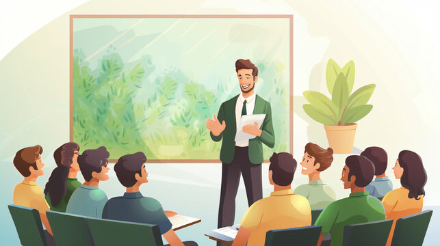 Male educator talking to his students in a classroom