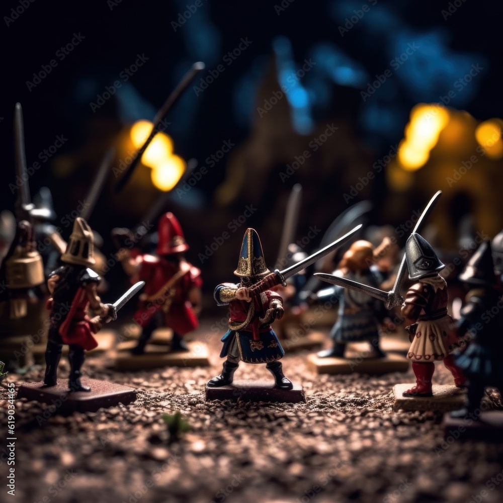 Poster a group of toy figurines of knights and knights. generative ai image.