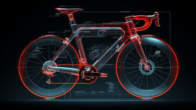 Generative AI image of a 3D wireframe projection of a racing bicycle, showcasing its lightweight frame, aerodynamic design, and sleek components for optimal speed and performance.