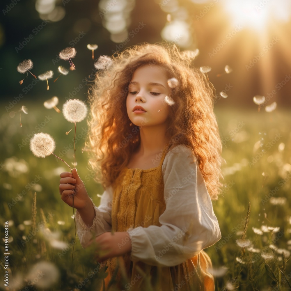 Aufkleber a little girl blowing a dandelion in a field. generative ai image.