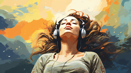 girl listens with closed eyes to the music she hears through headphones