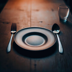 table with plate , one fork, one spoon with Generative AI.