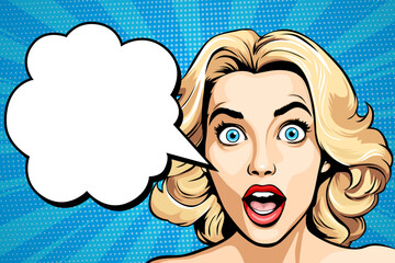 Surprised happy excited young attractive blonde woman with wide open blue eyes, open mouth and speech bubble, vector illustration in vintage pop art comic style - obrazy, fototapety, plakaty