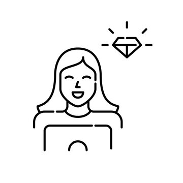 Diamond member. Premium user icon. Woman at laptop. Pixel perfect, editable stroke icon
