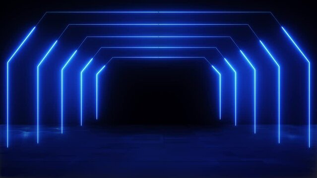3d animation, abstract black background with neon blue light rays and glowing laser lines